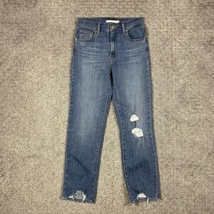 Levis 724 High Rise Straight Crop Jeans Womens 26 Medium Wash Distressed Hem